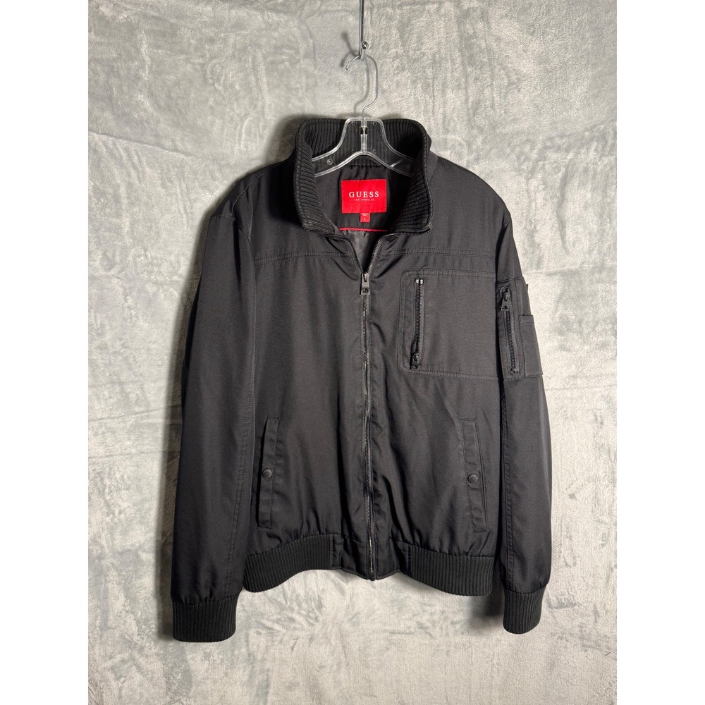 Guess‎ Los Angeles Mens Black Full Zip Bomber Jacket Large Logo Utility Pocket